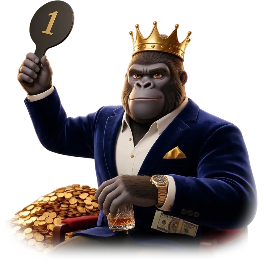 SpinKong mascotte: gorilla met kroon op een troon met gouden munten